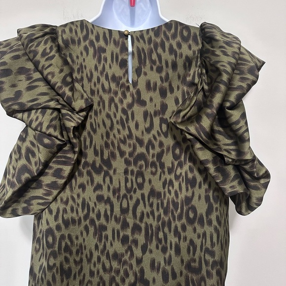 THML Give You A Look Olive Green Leopard Shift Dress Ruffle Sleeves - Picture 6 of 8